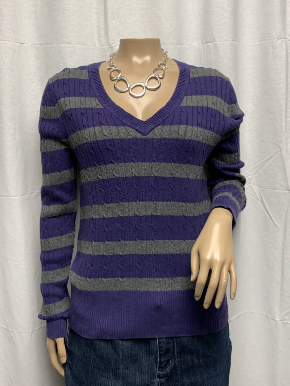 Tommy Hilfiger Women Sweater Size Medium Dark Purple Grey Striped Pullover